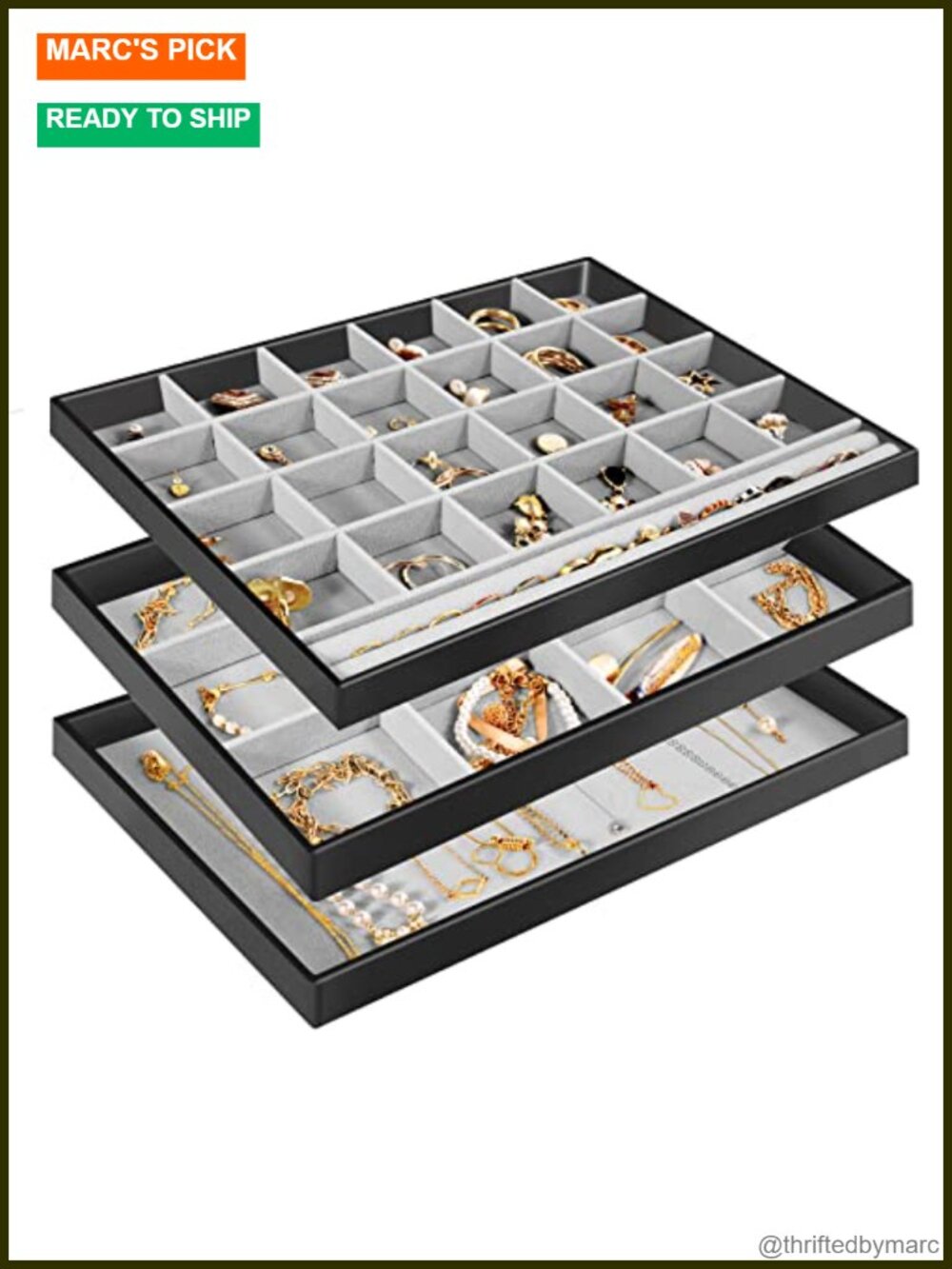 3 Pack Velvet Jewelry Organizer Tray Set Stackable Removable Dividers